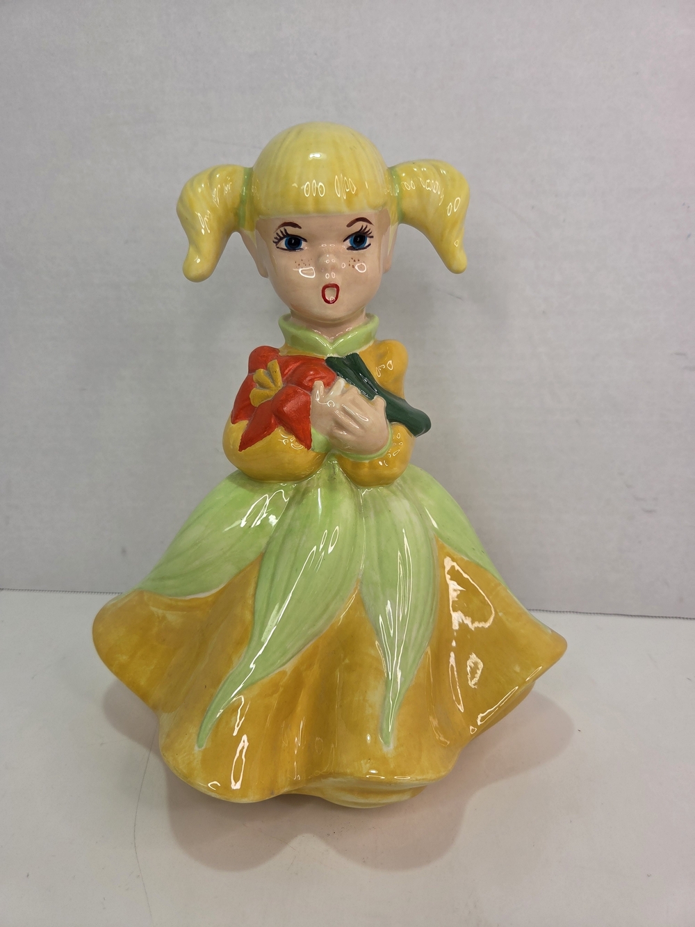Vintage Atlantic Mold Girl Caroler Ceramic Figurine Green Dress 11 7/8" 1960's
